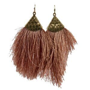 Blush Pink Fringe Tassel Earrings Hammered Gold Tone Cape 4" Boho Dangle